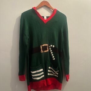 Festive Green Sweater with Red Trim
